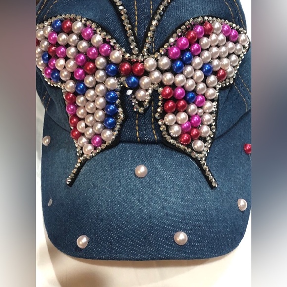 Denim red white pink pearl embellished rhinestone crystal butterfly baseball cap - Picture 8 of 14
